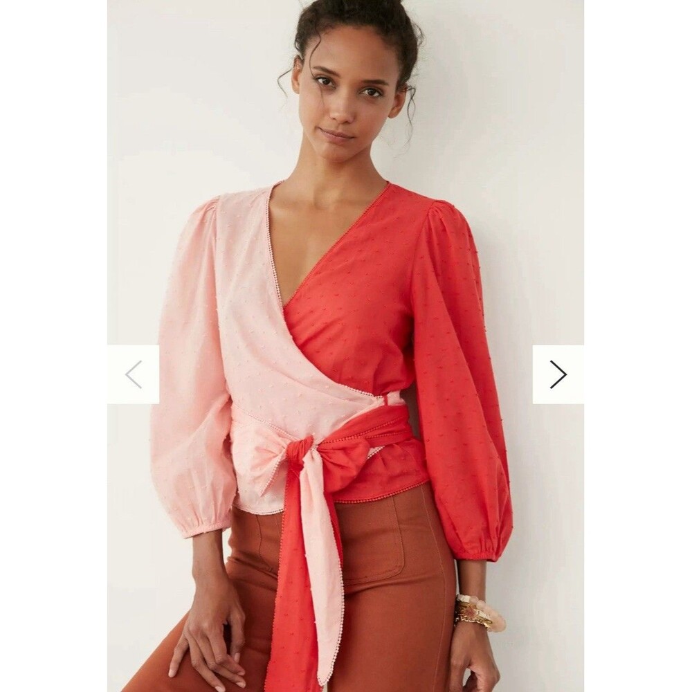 Farm Rio Color blocked Wrap Swiss Dot Blouse ANTHROPOLOGIE Red Pink XS